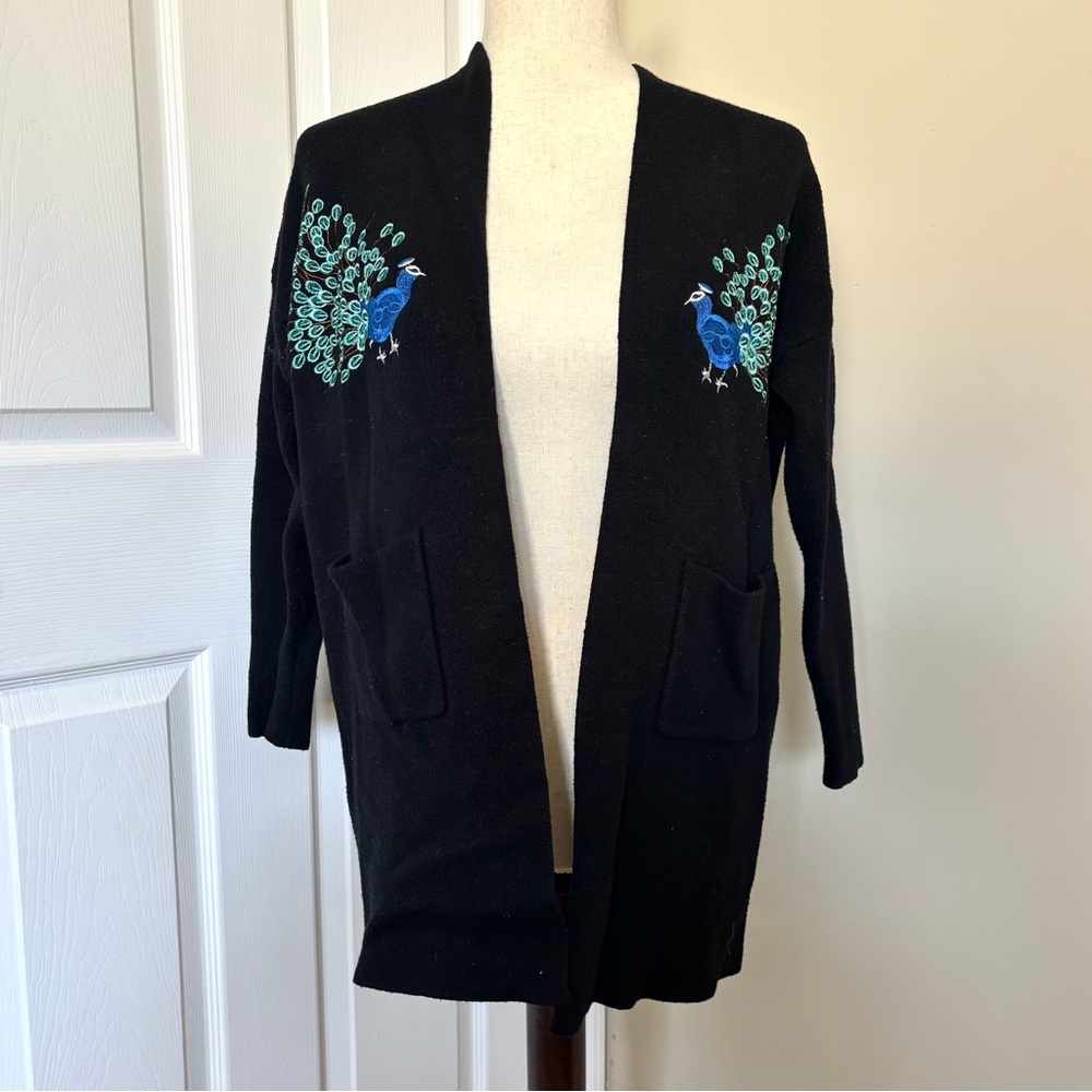 Yumi Kim Black Cardigan with Peacock Embroidery size Medium